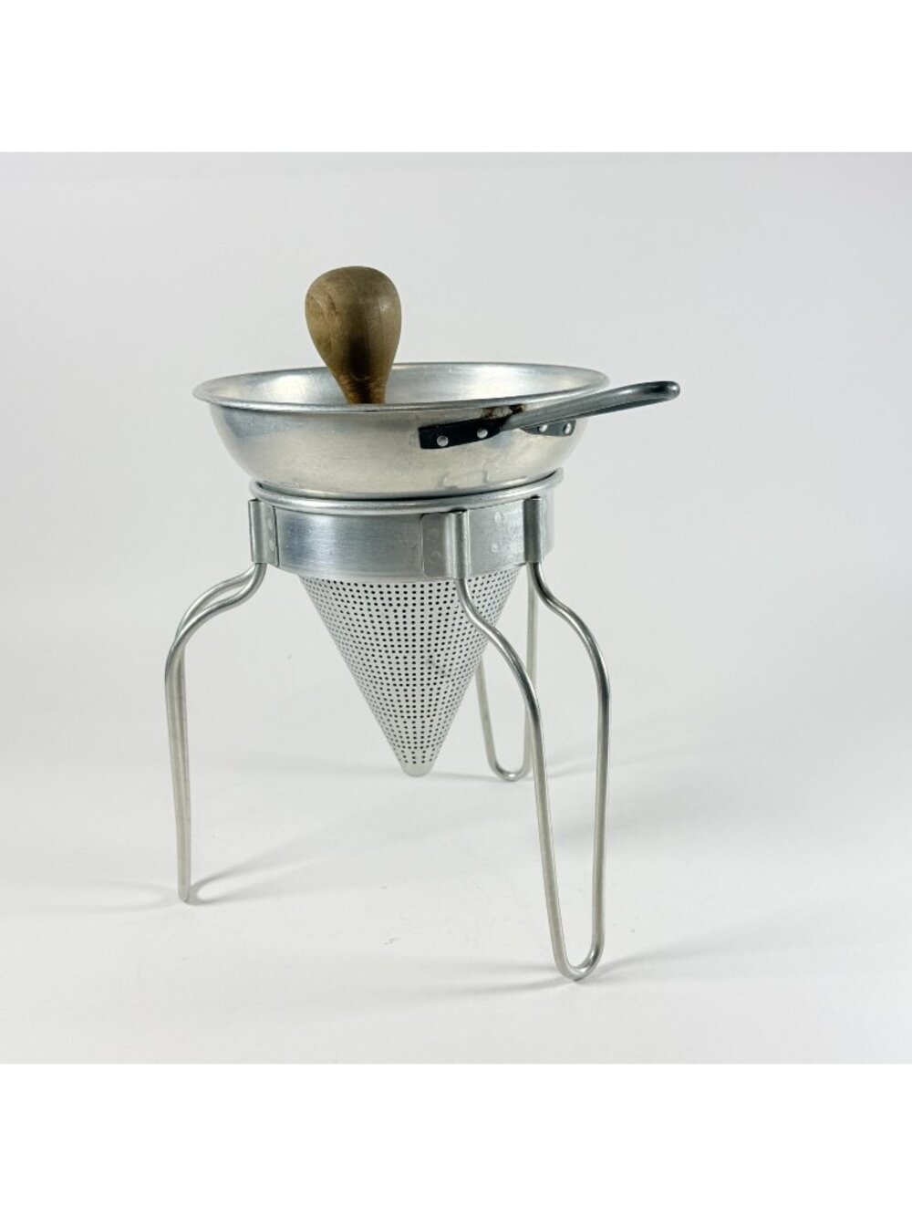 Vintage Aluminum Wear-Ever Sieve Cone Strainer Stand Wood Pestle Complete